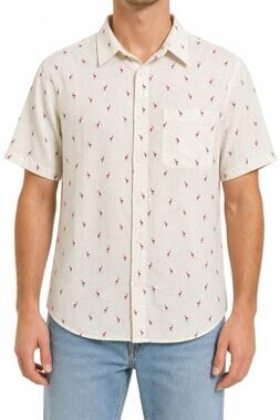 H&M L.O.G.G. Men Flamingo Linen Cotton Button Short Sleeve Shirt M Vacation Y2K